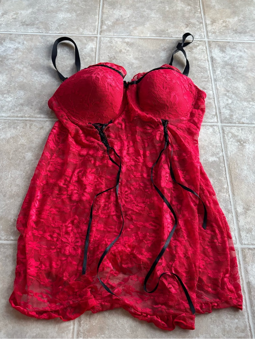 Red Lace Babydoll Chemise with Black Ribbon Trim